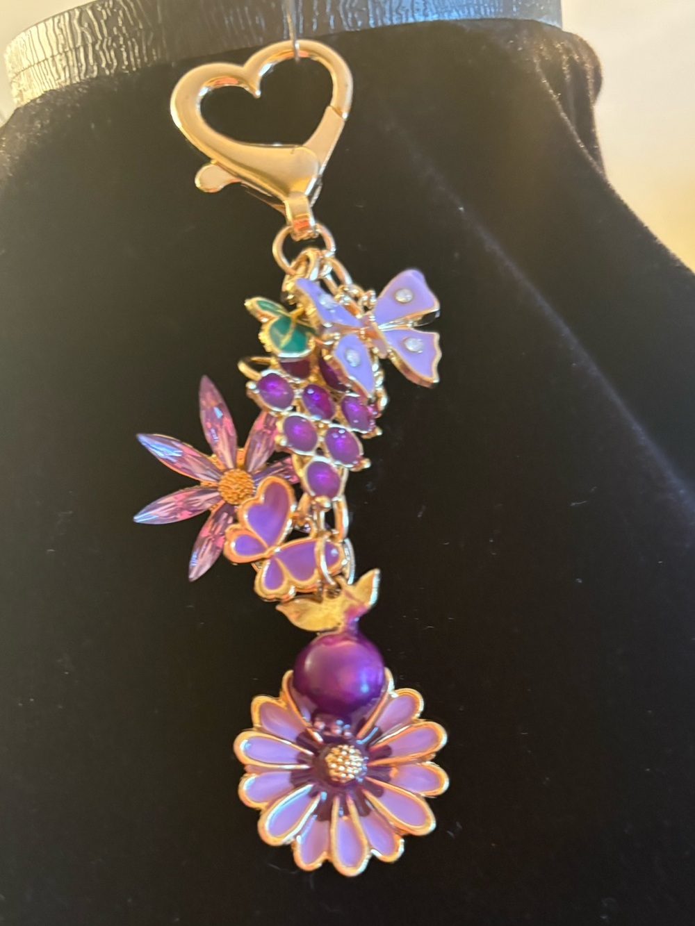 Purple Floral Charm Keychain or Purse Bling Pendant - Women Jewelry